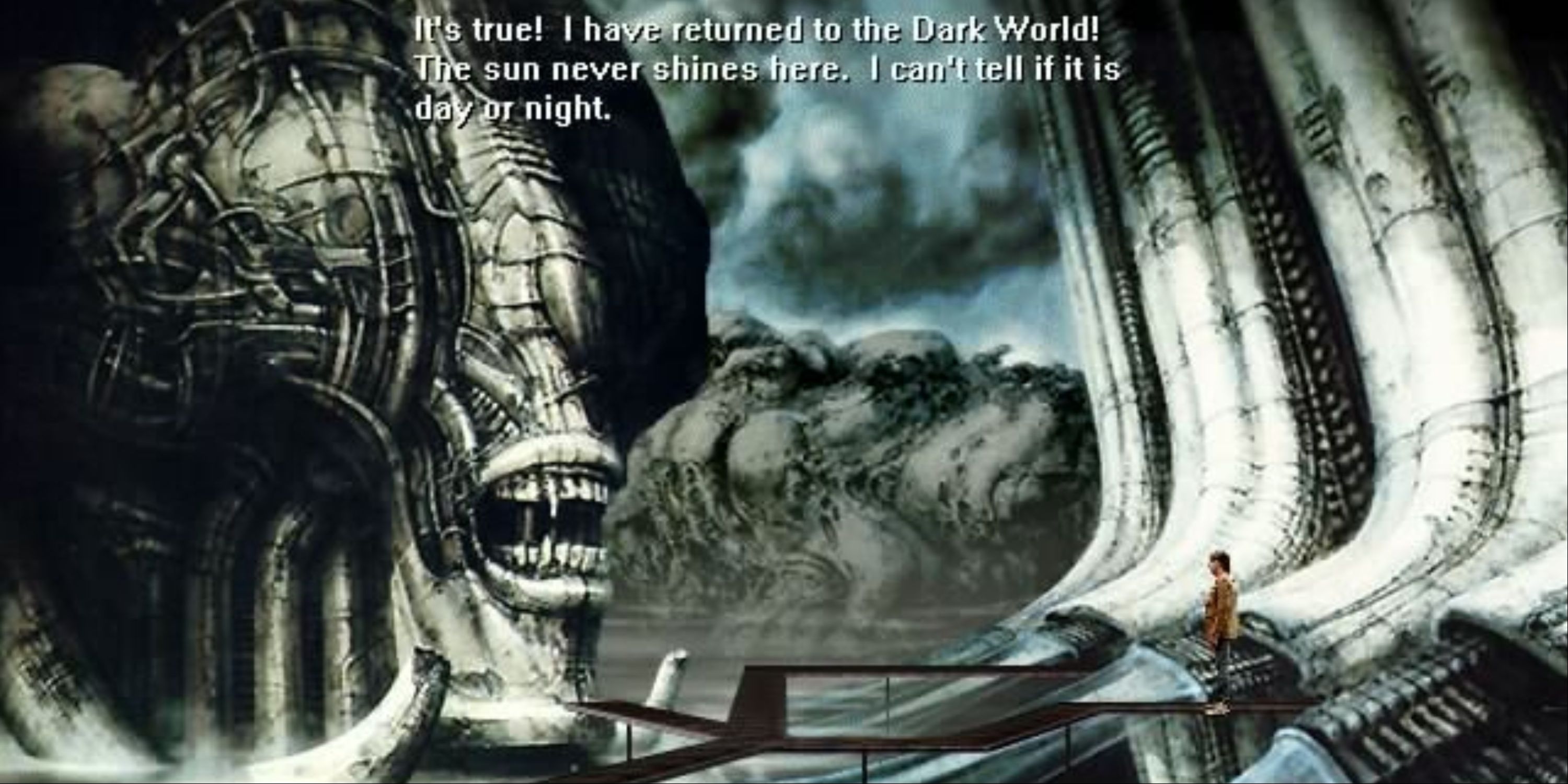 The main protagonist speaking to a giant Xenomorph-type head in an H.R. Geiger-inspired room in Dark Seed 2.