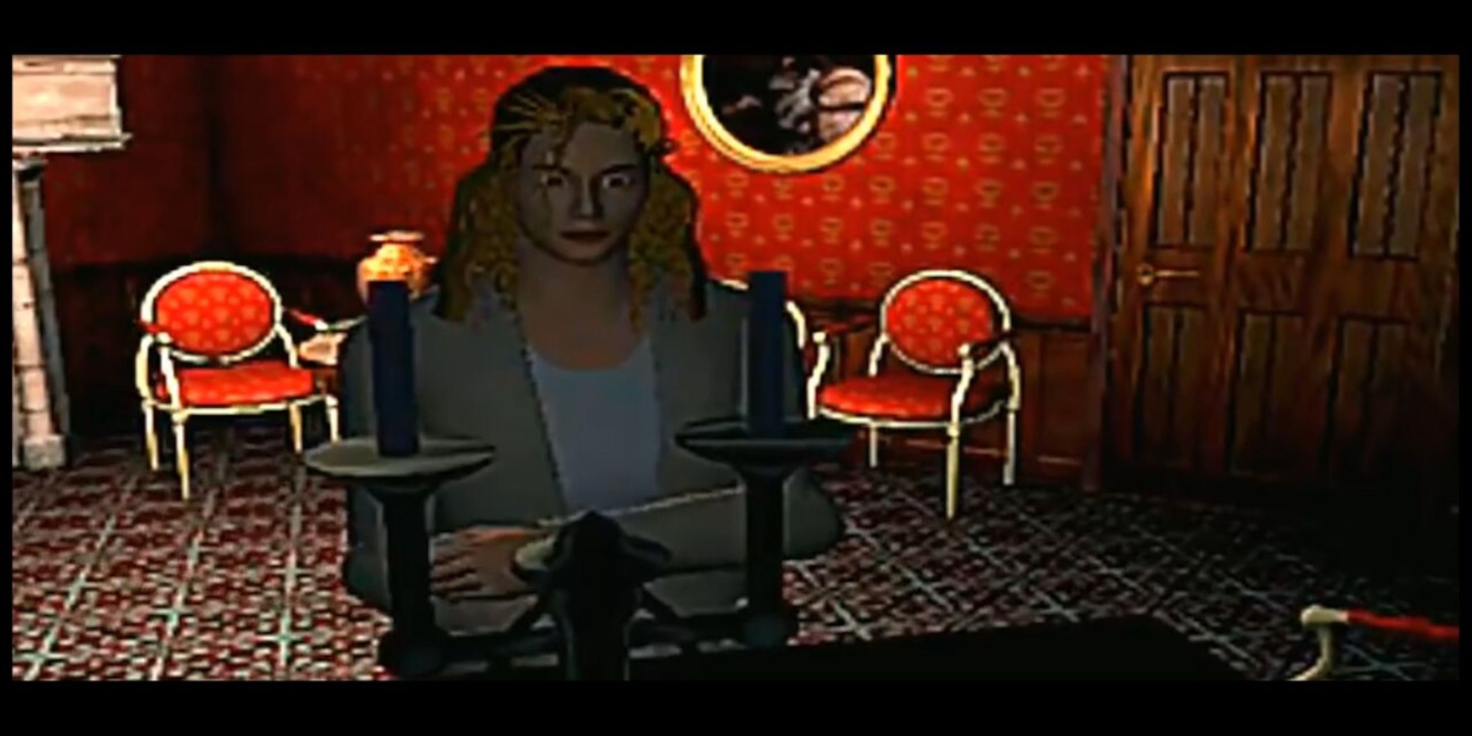 Laura Harris looking at some candles in an eerie room with red chairs and wallpaper in the horror game D.