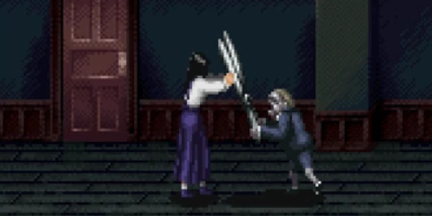 Clock Tower - The player attacked by Scissorman, fending off the large shears.