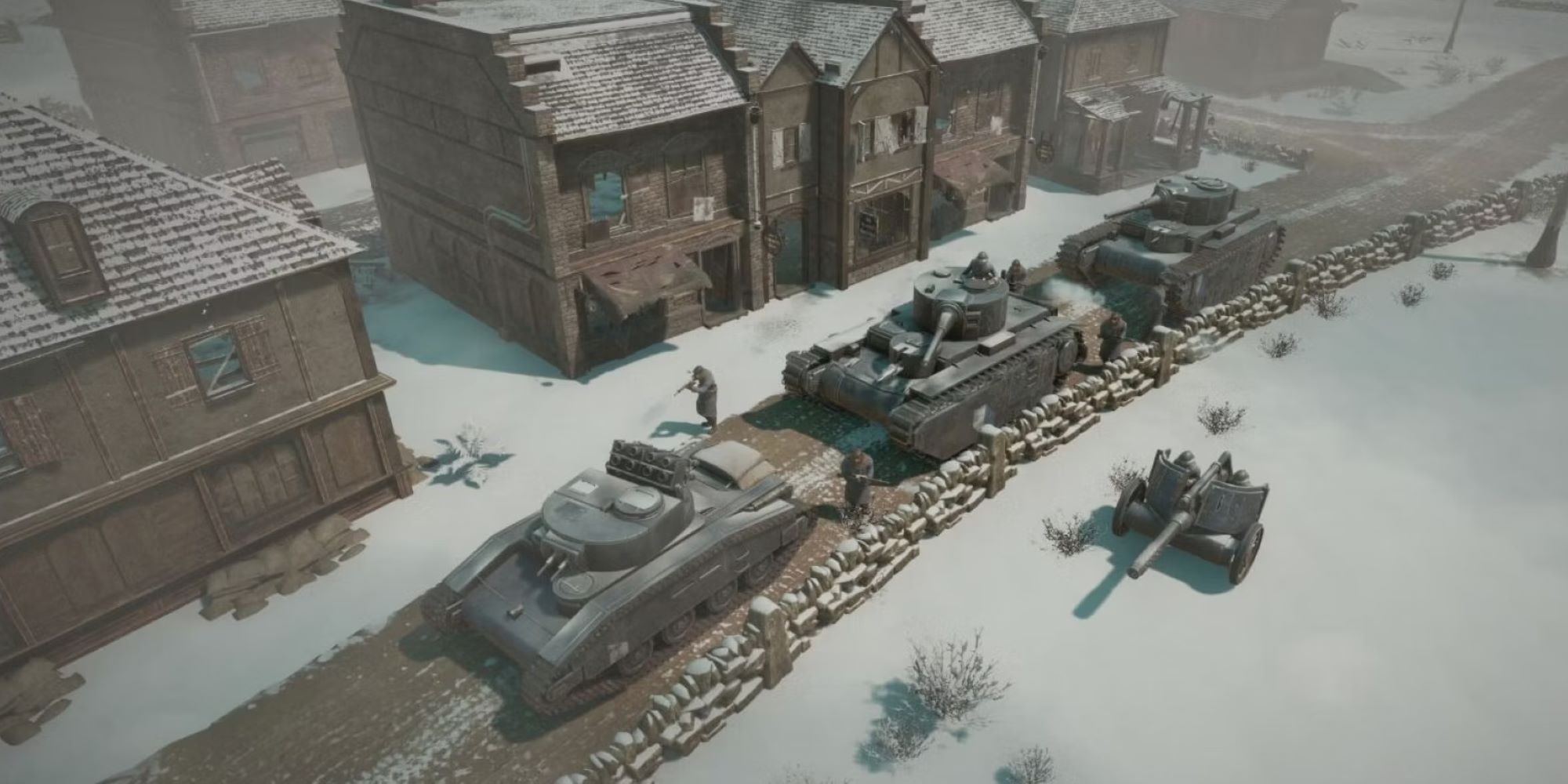 A line of tanks in a snowy village in Foxhole.