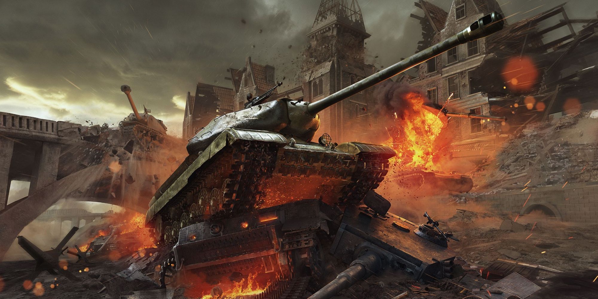 World Of Tanks Dramatic Artwork showing a tank climbing a wreck of another tank on fire