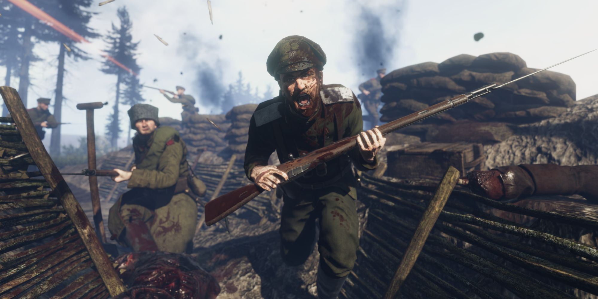 A soldier in a WW1 outfit running through trenches in Verdun.