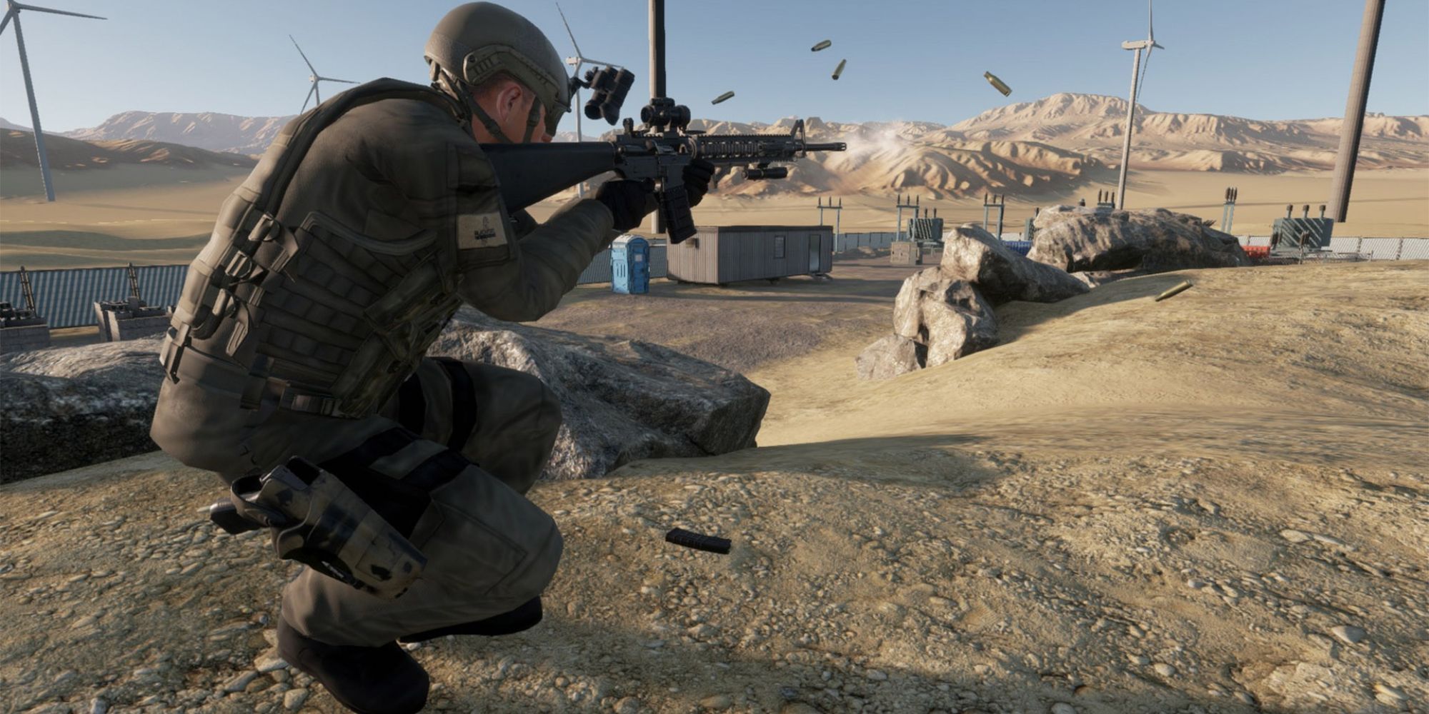 A soldier in modern camo firing an assault rifle in Ground Branch.