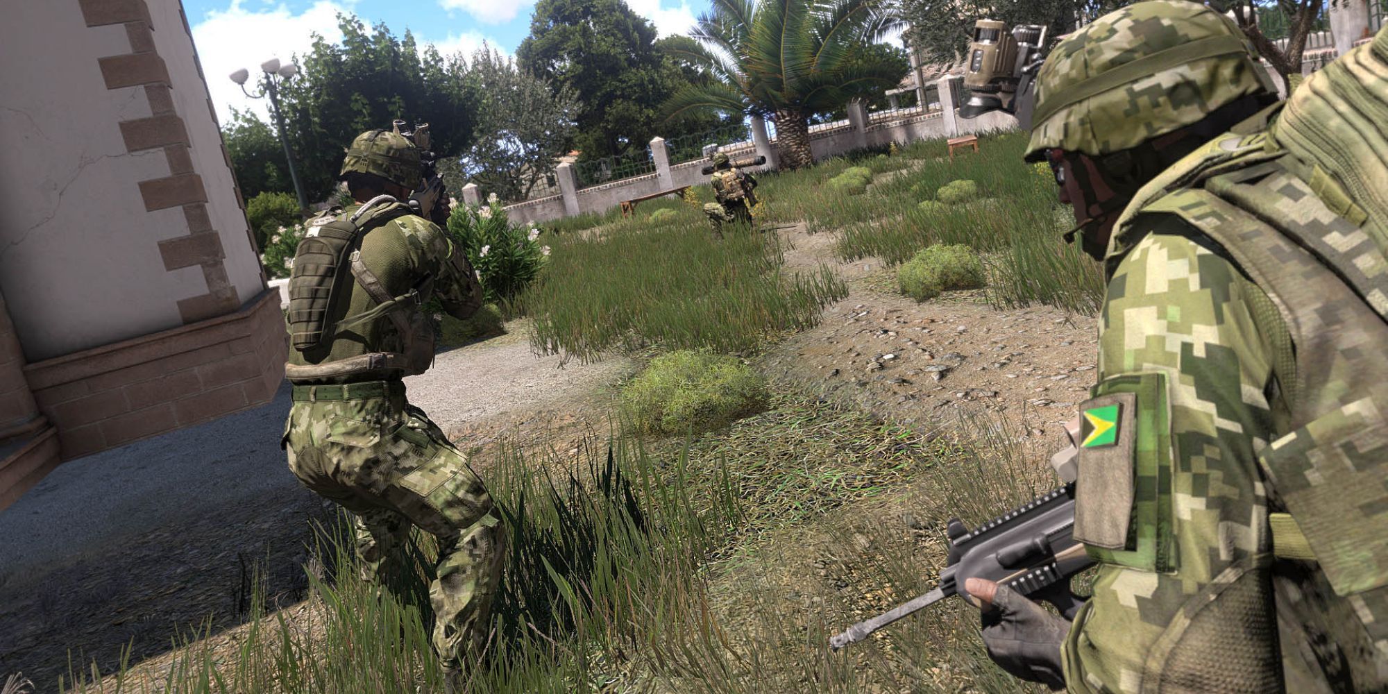 A squad in Arma moving through a yard.