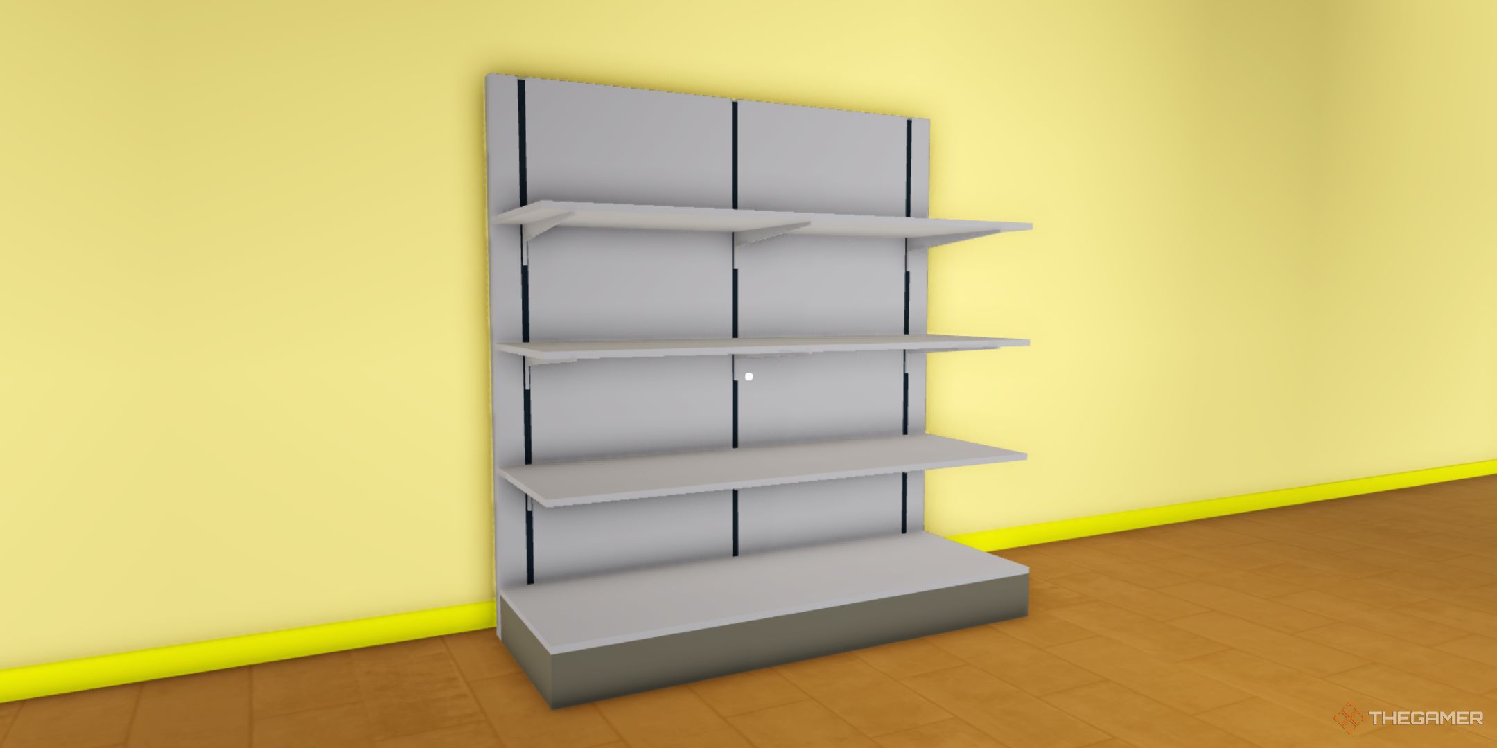 An empty shelf stays next to the yellow wall in the grocery shop in Supermarket Simulator.