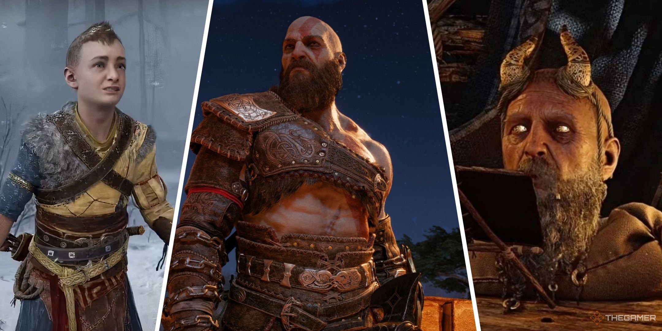 Split images of God of War Ragnarok characters.