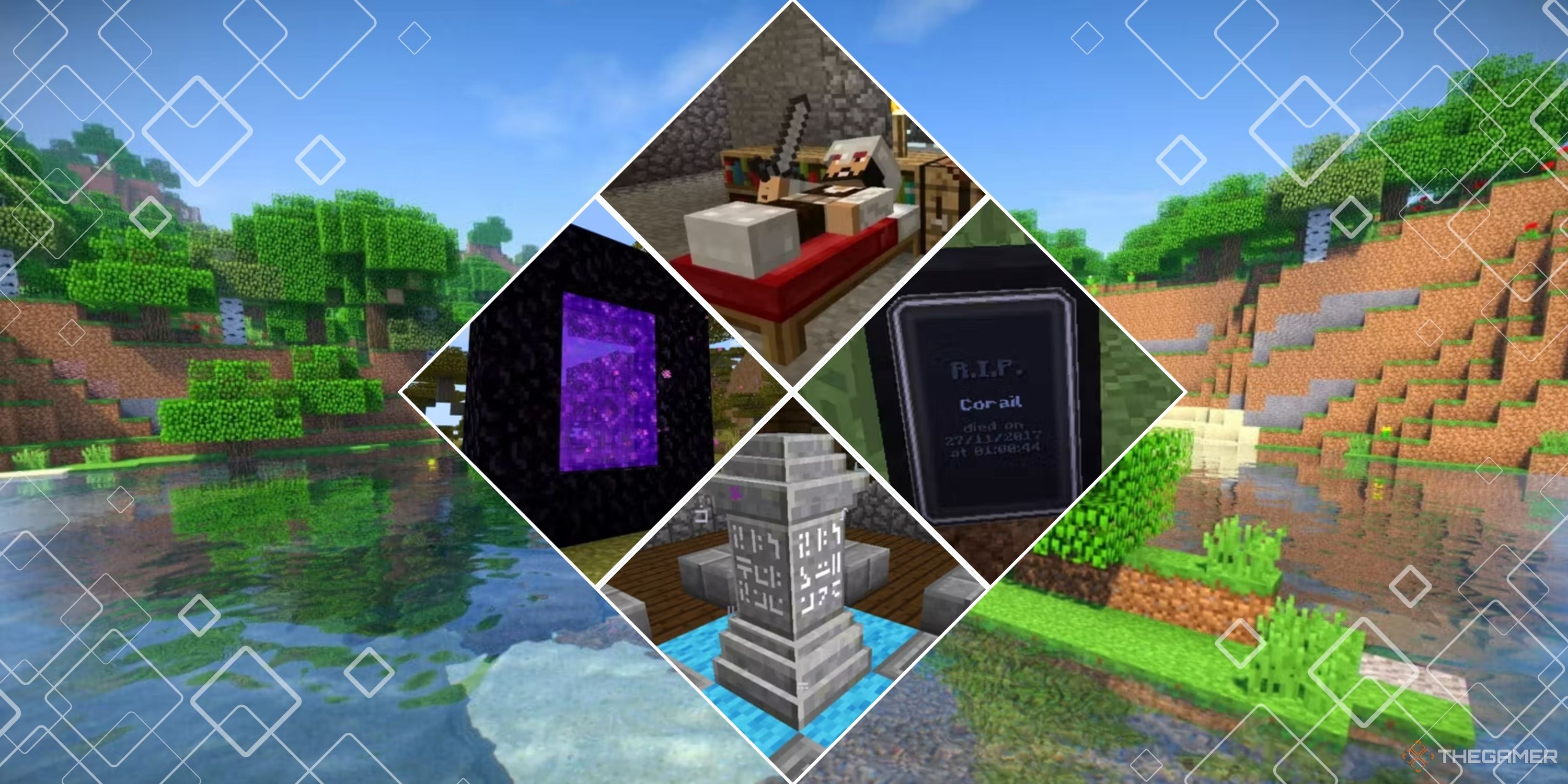 Minecraft collage image showing four mods arranged in a grid overlaying a Minecraft landscape screenshot