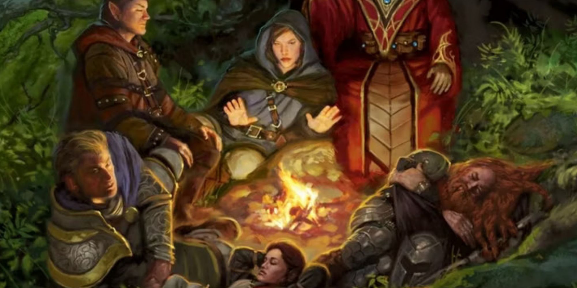 An adventuring party takes a short rest in D&D art.