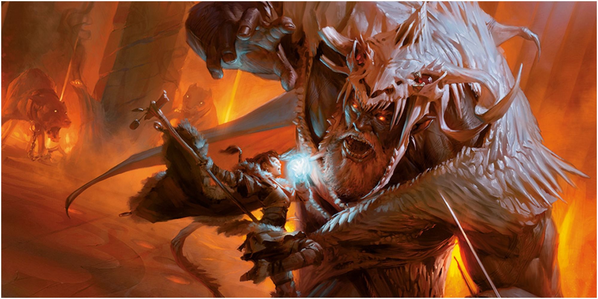 A fire giant attacks adventurers in a fiery lair in D&D art.