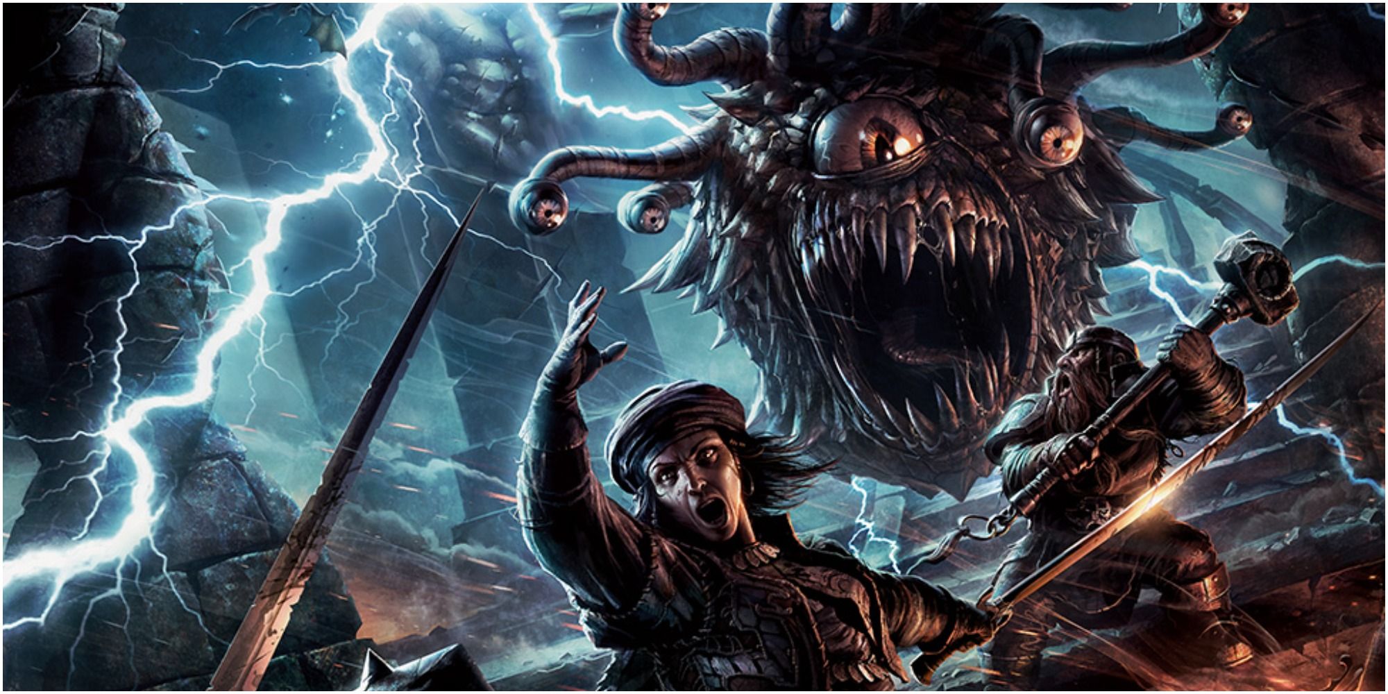 Adventurers run from a beholder as it shoots lightning in D&D art.