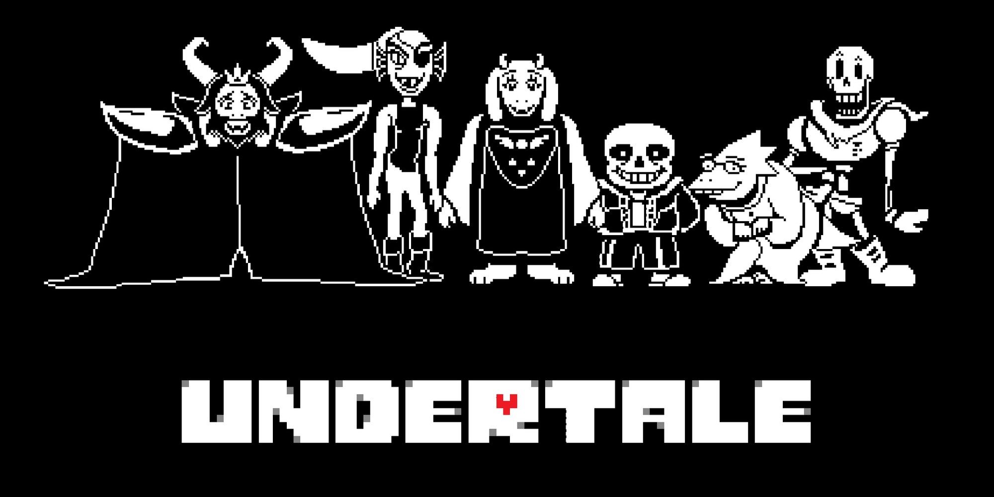 Asgore, Undyne, Toriel, Sans, Alphys, And Papyrus on a black background with the Undertale logo.