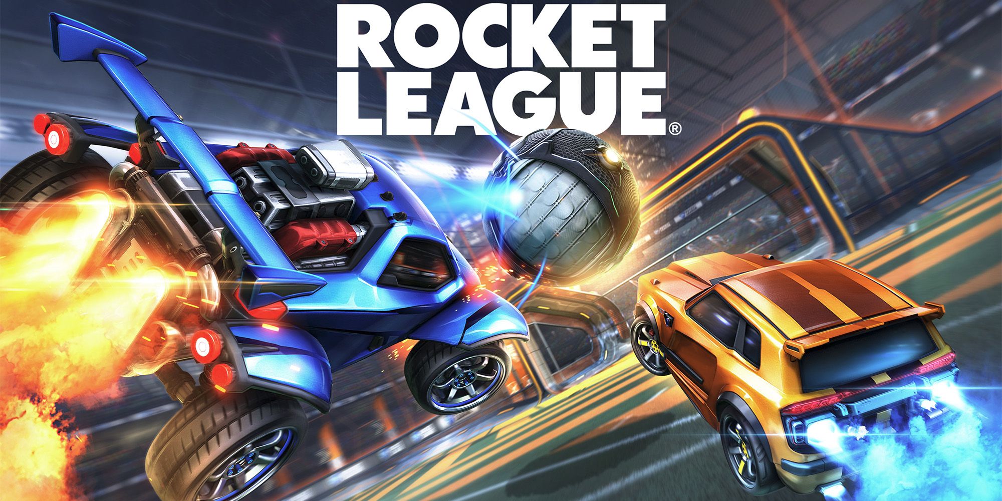 Image of two cars racing for the ball in Rocket League.