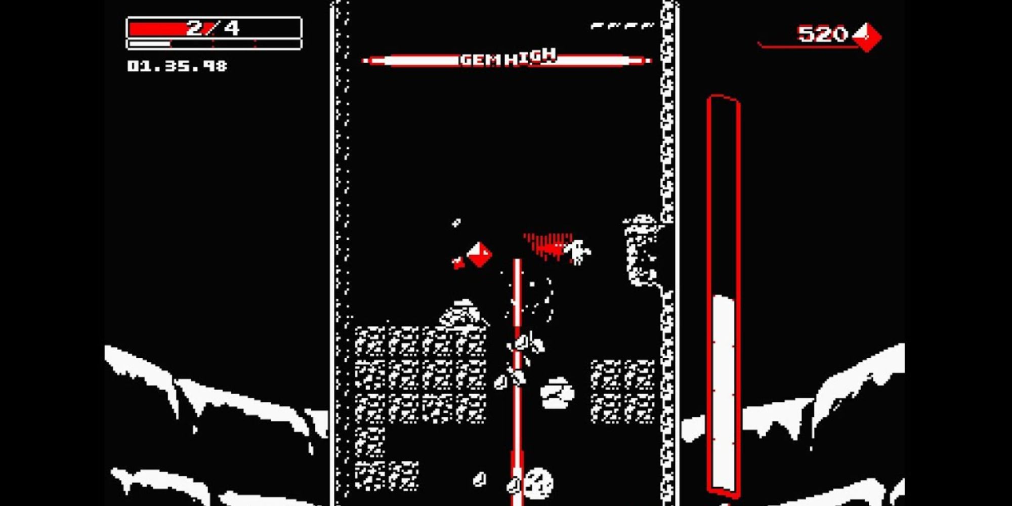 Image of the player getting a Gem High multiplier in Downwell.