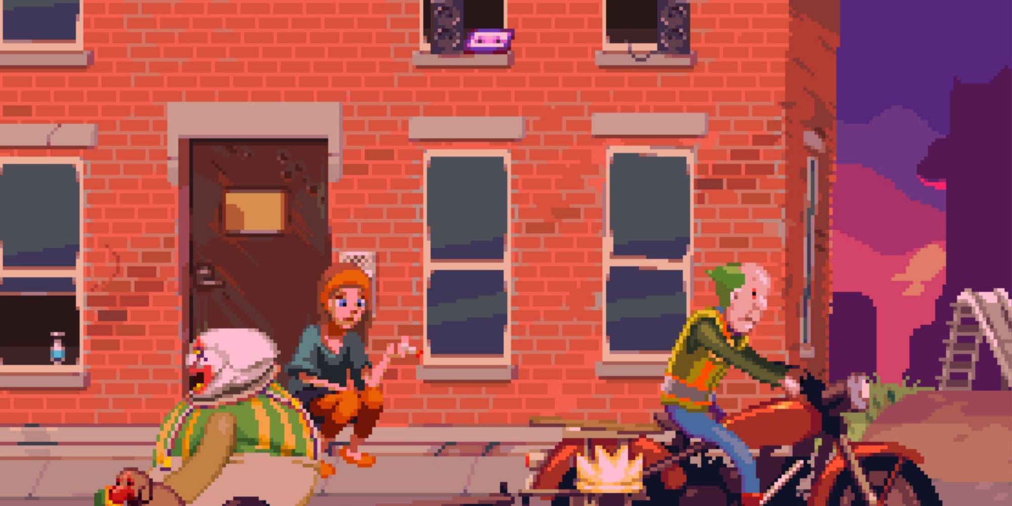 Image of a cutscene with Dropsy and two other people on the street from Dropsy. 