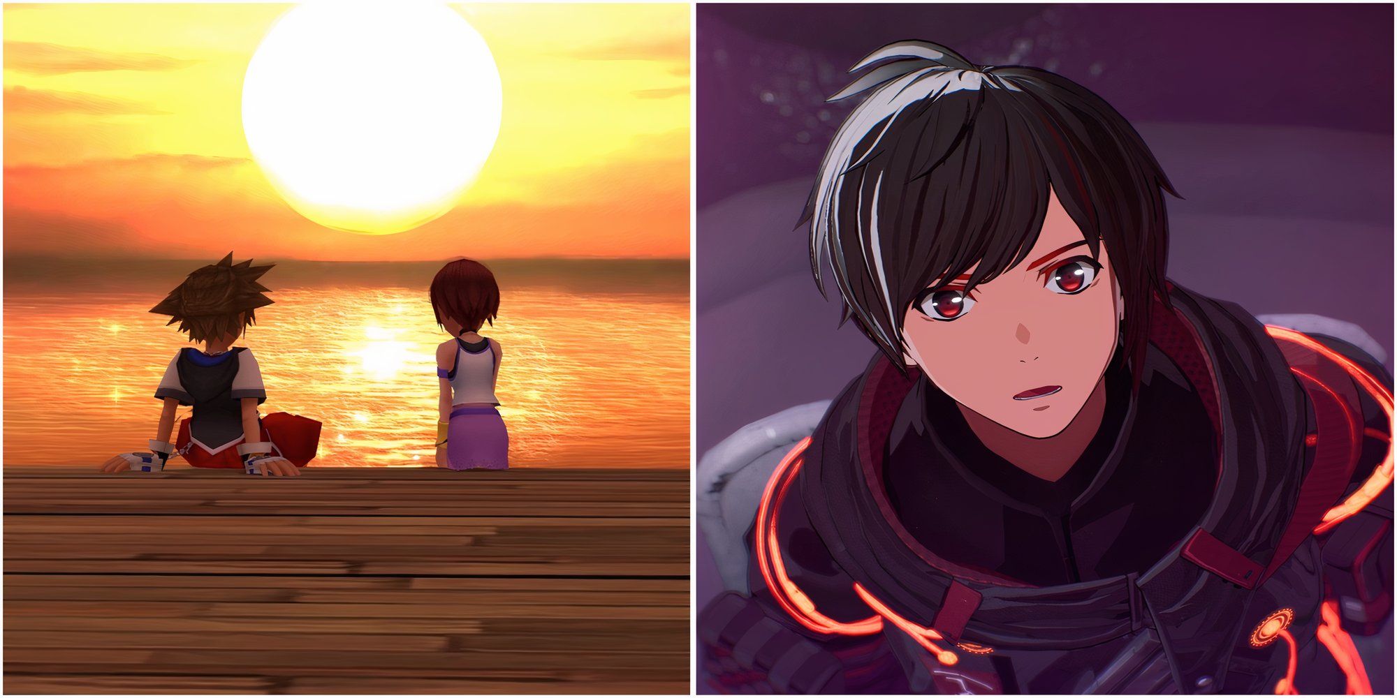 Sora and Kairi looking at a sunset in Kingdom Hearts and Yuito in Scarlet Nexus