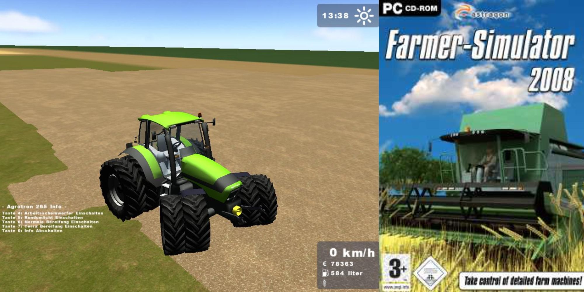 Farming Simulator 2008 gameplay and game cover.