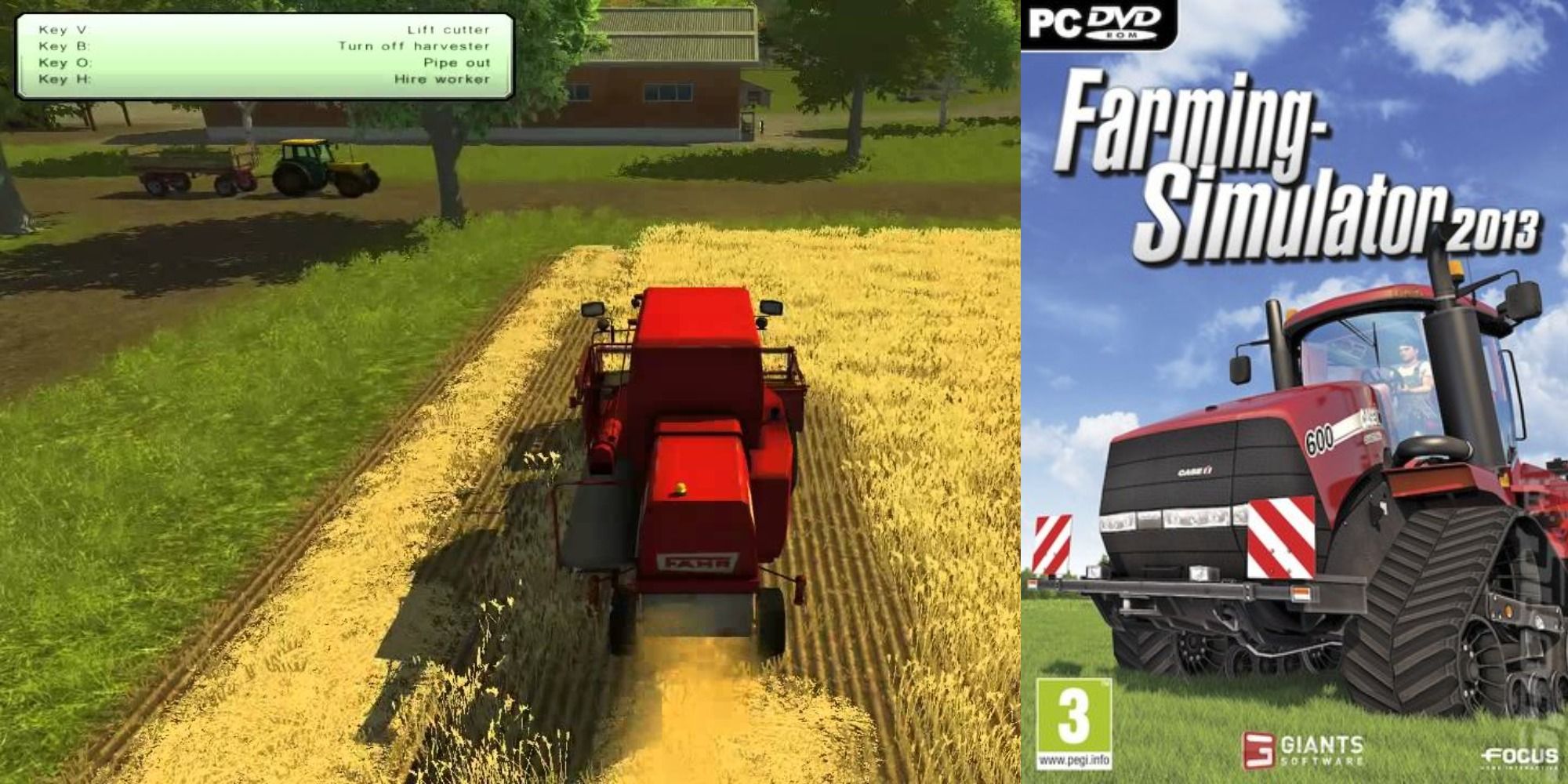 Farming Simulator 2013 gameplay and poster.