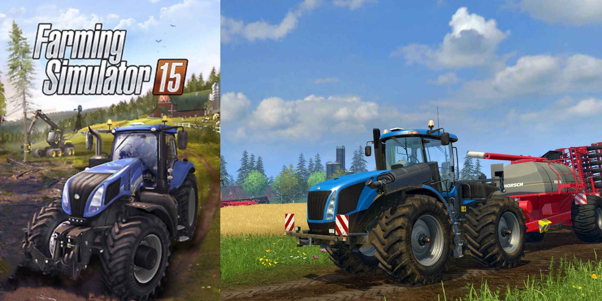 Farming Simulator 15 gameplay and cover.