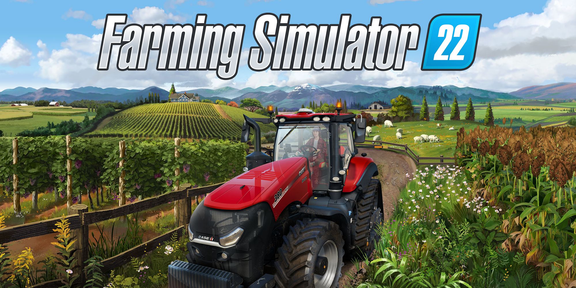 Farming Simulator 22 Title Art With Farmlands and Tractor.