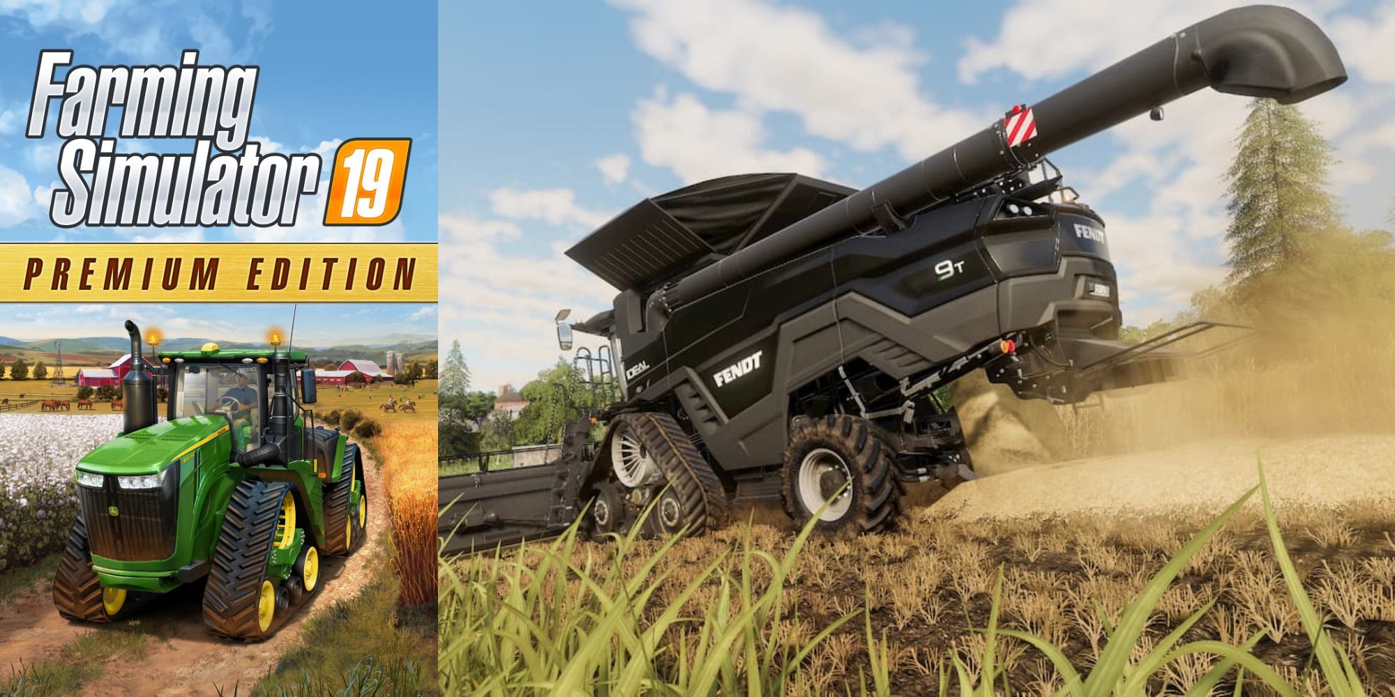 Farming Simulator 19 gameplay and cover.