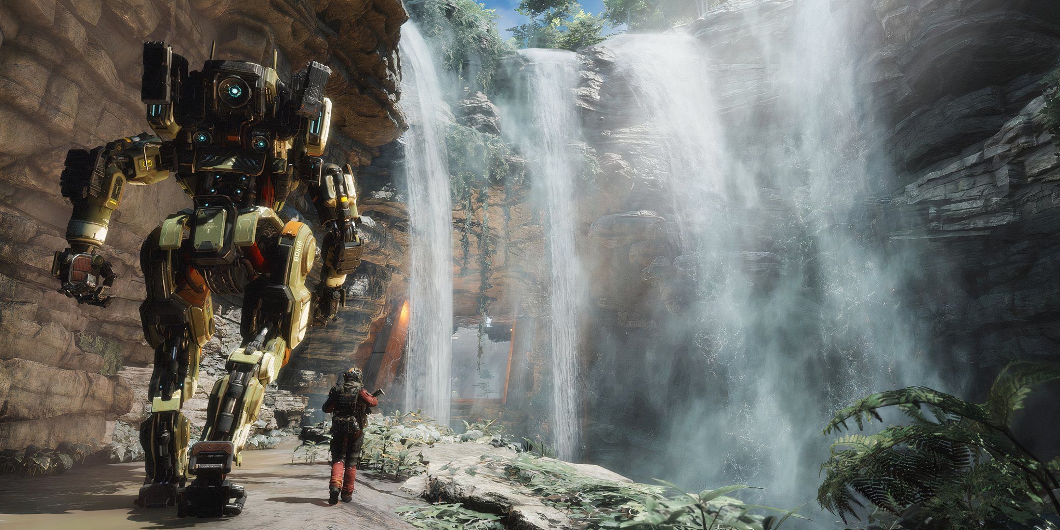 A pilot and mech walking along in Titanfall 2 with waterfalls next to them.