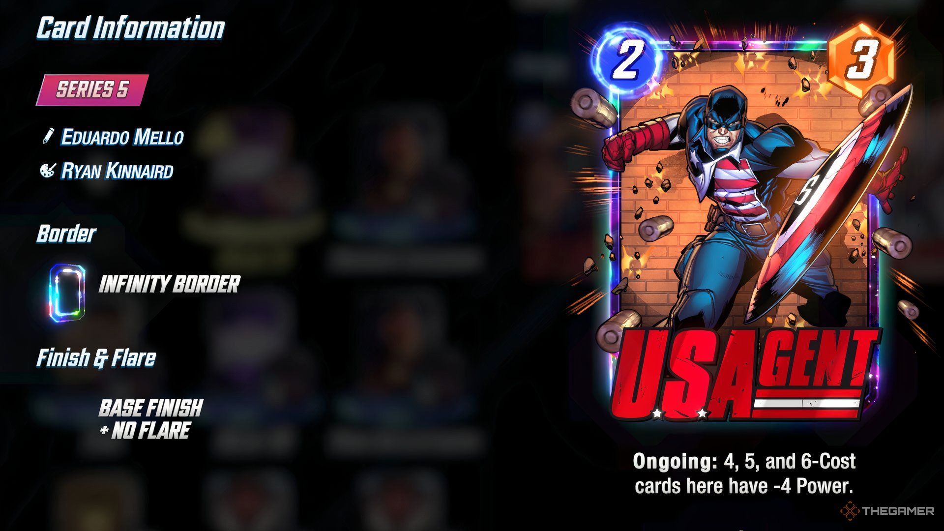 Showcasing U.S. Agent's front side and card information in the Cards menu in Marvel Snap.