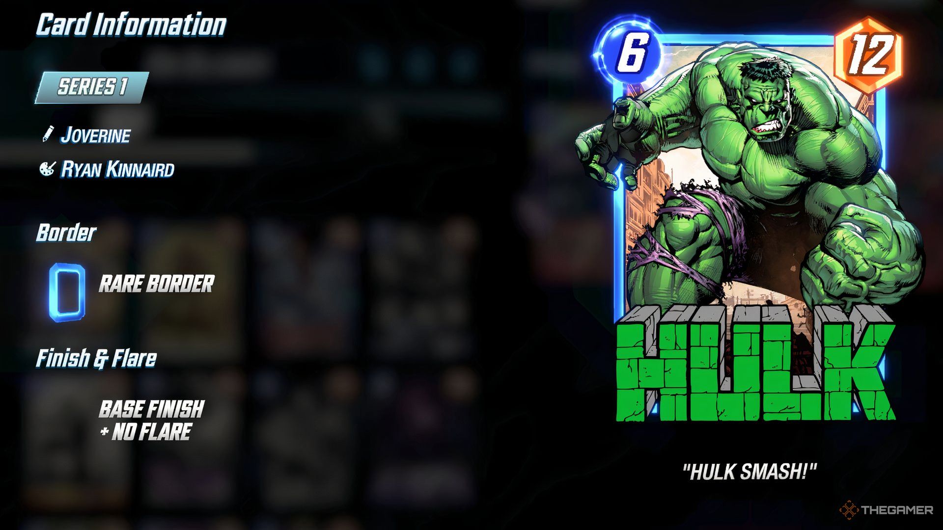 Showcasing Hulk's front side and card information in the Cards menu in Marvel Snap.