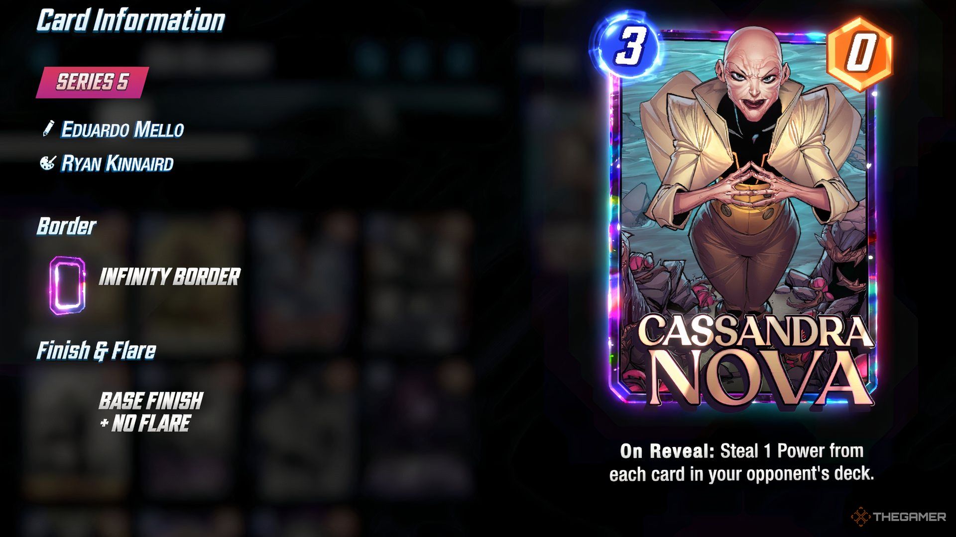 Showcasing Cassandra Nova's front side and card information in the Cards menu in Marvel Snap.