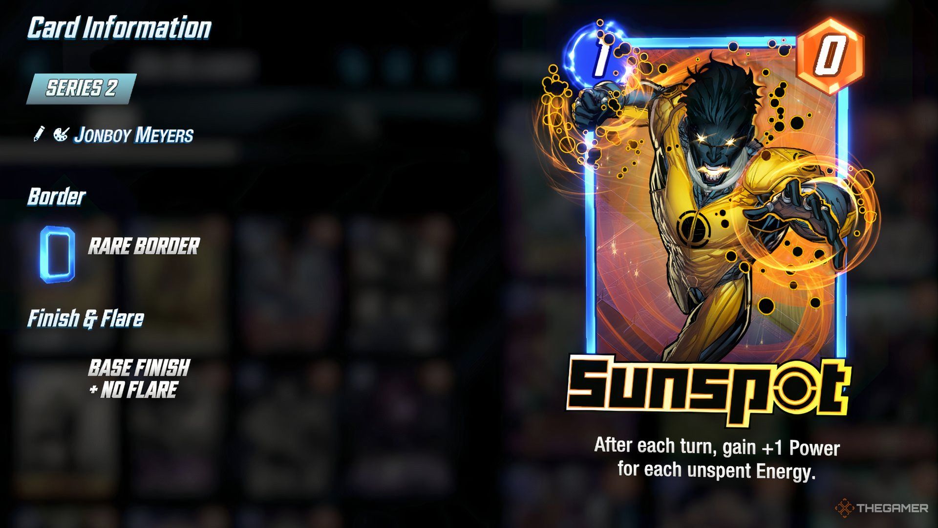 Showcasing Sunspot's front side and card information in the Cards menu in Marvel Snap.