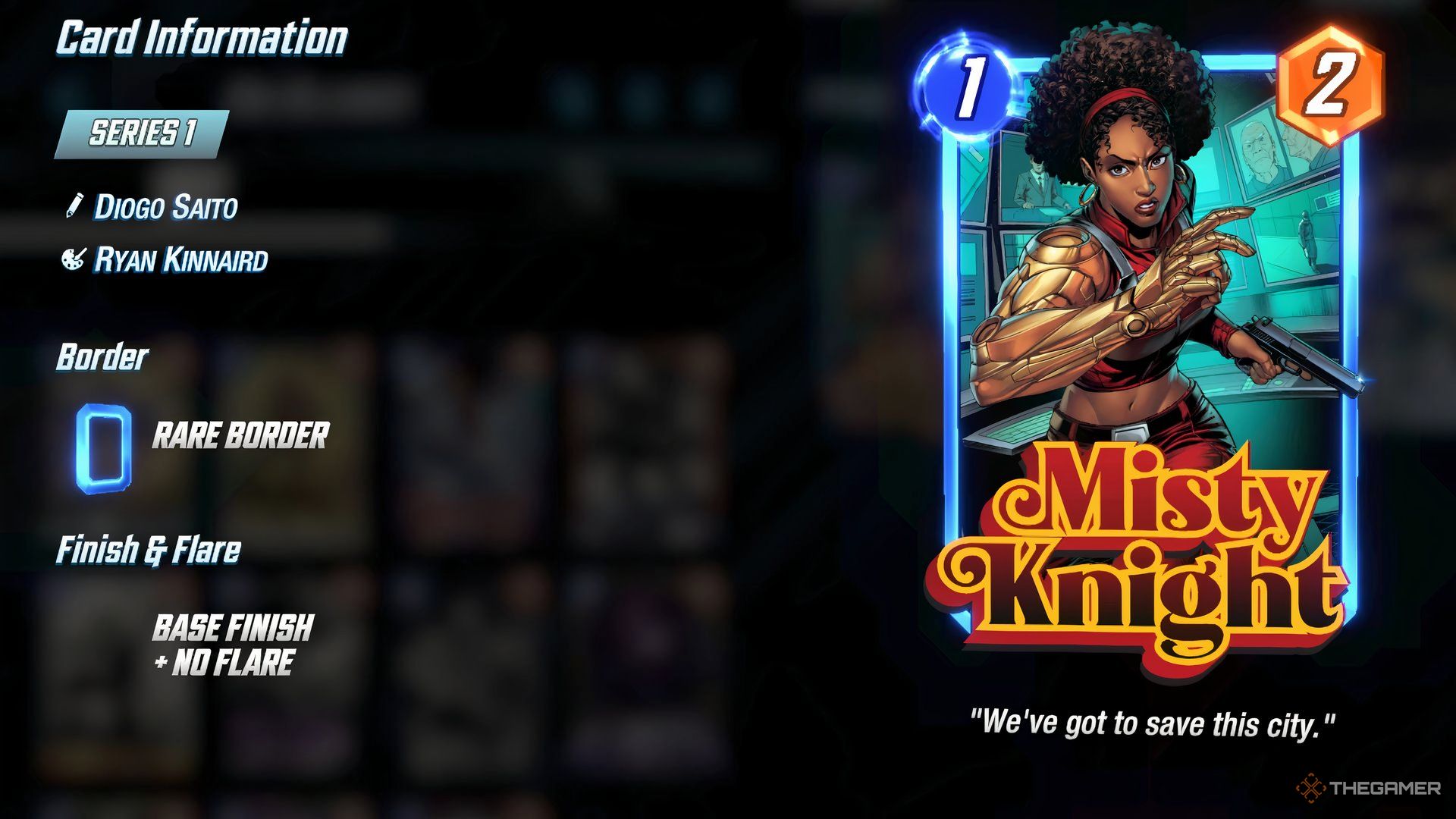 Showcasing Misty Knight's front side and card information in the Cards menu in Marvel Snap.