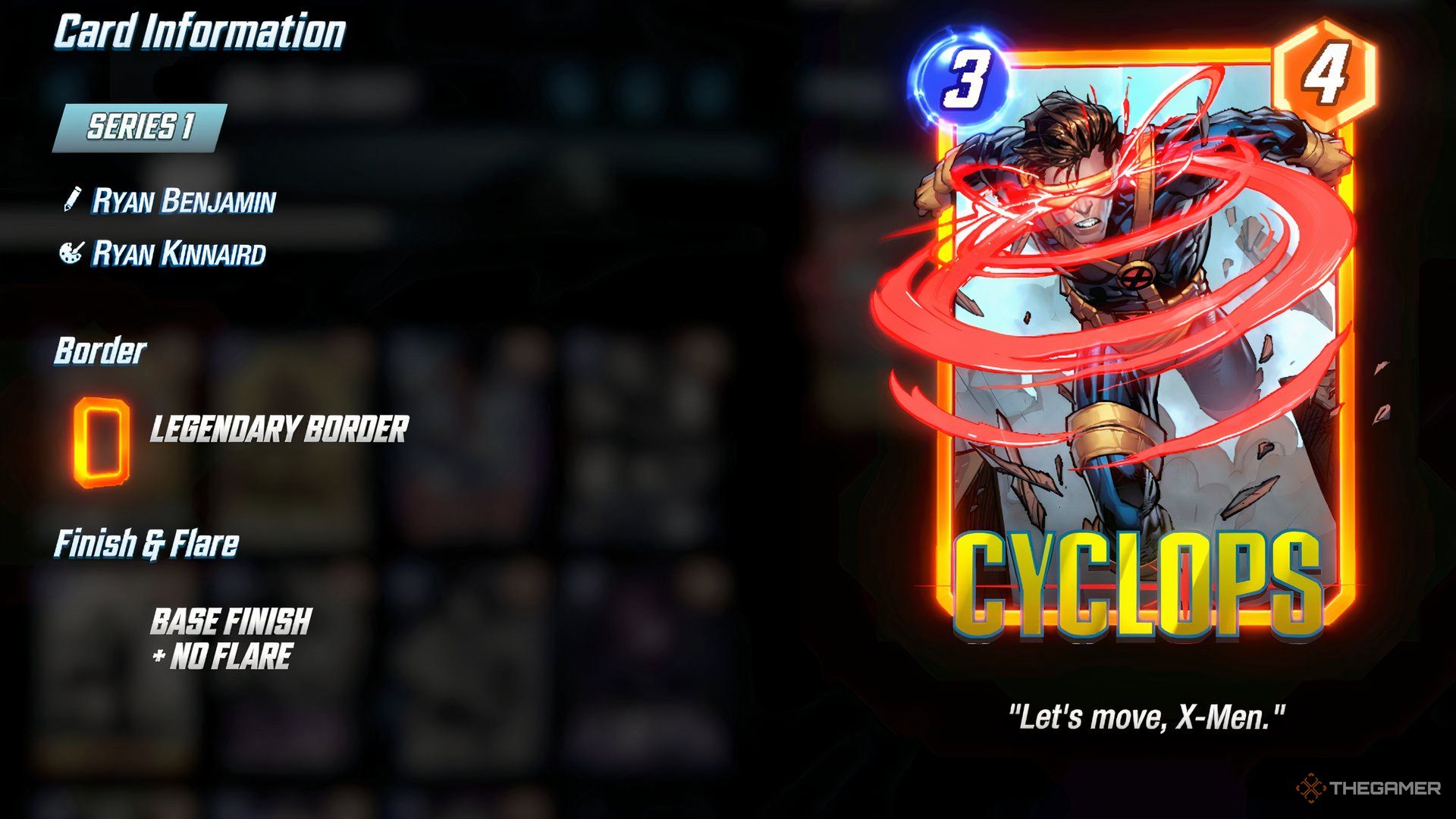 Showcasing Cyclop's front side and card information in the Cards menu in Marvel Snap.