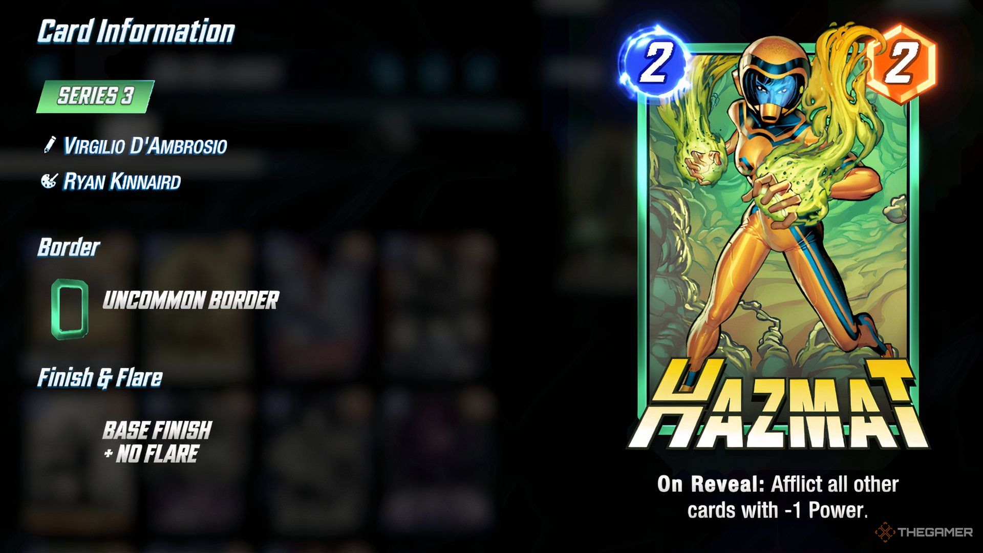 Showcasing Hazmat's front side and card information in the Cards menu in Marvel Snap.