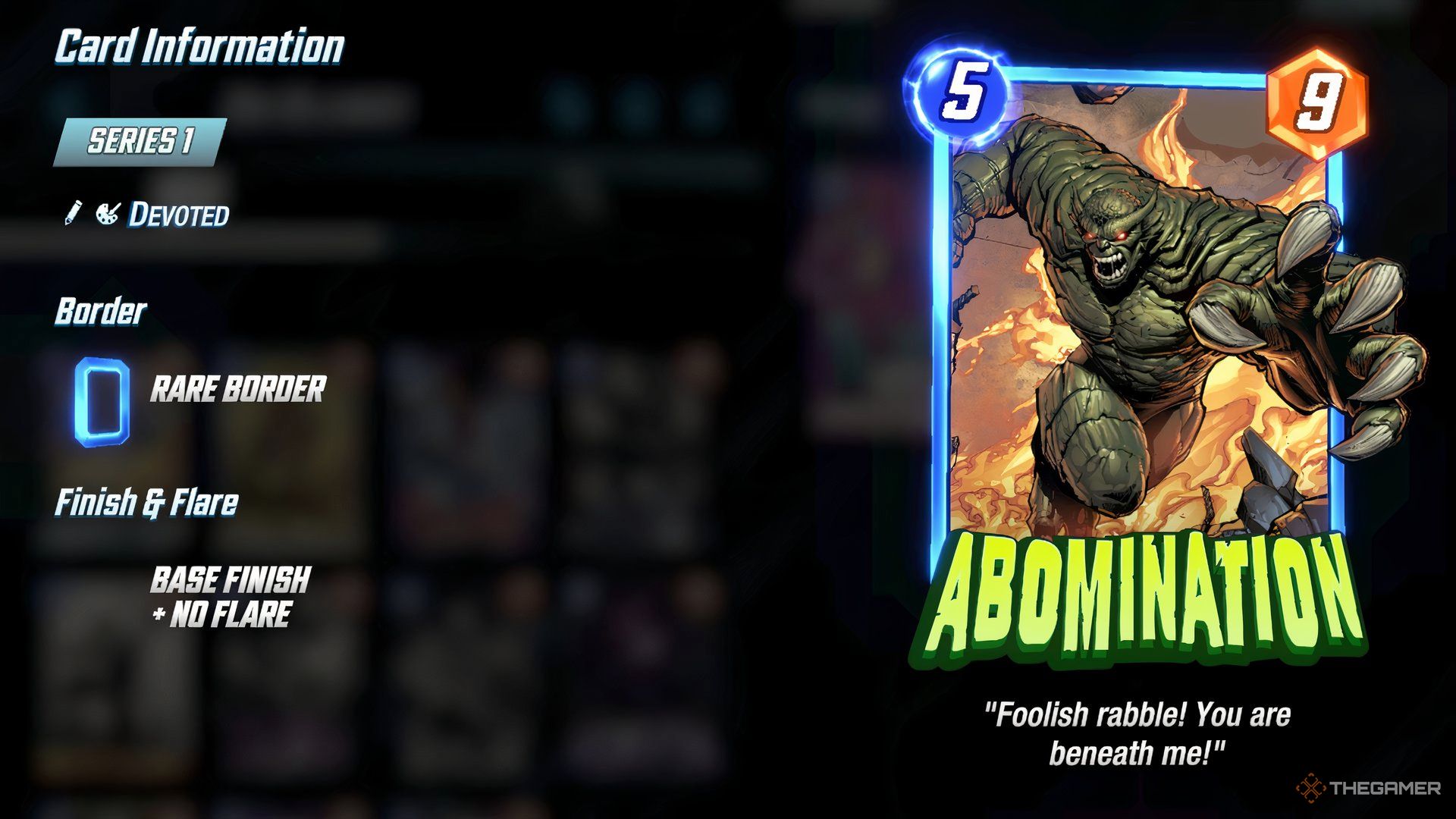 Showcasing Abomination's front side and card information in the Cards menu in Marvel Snap.