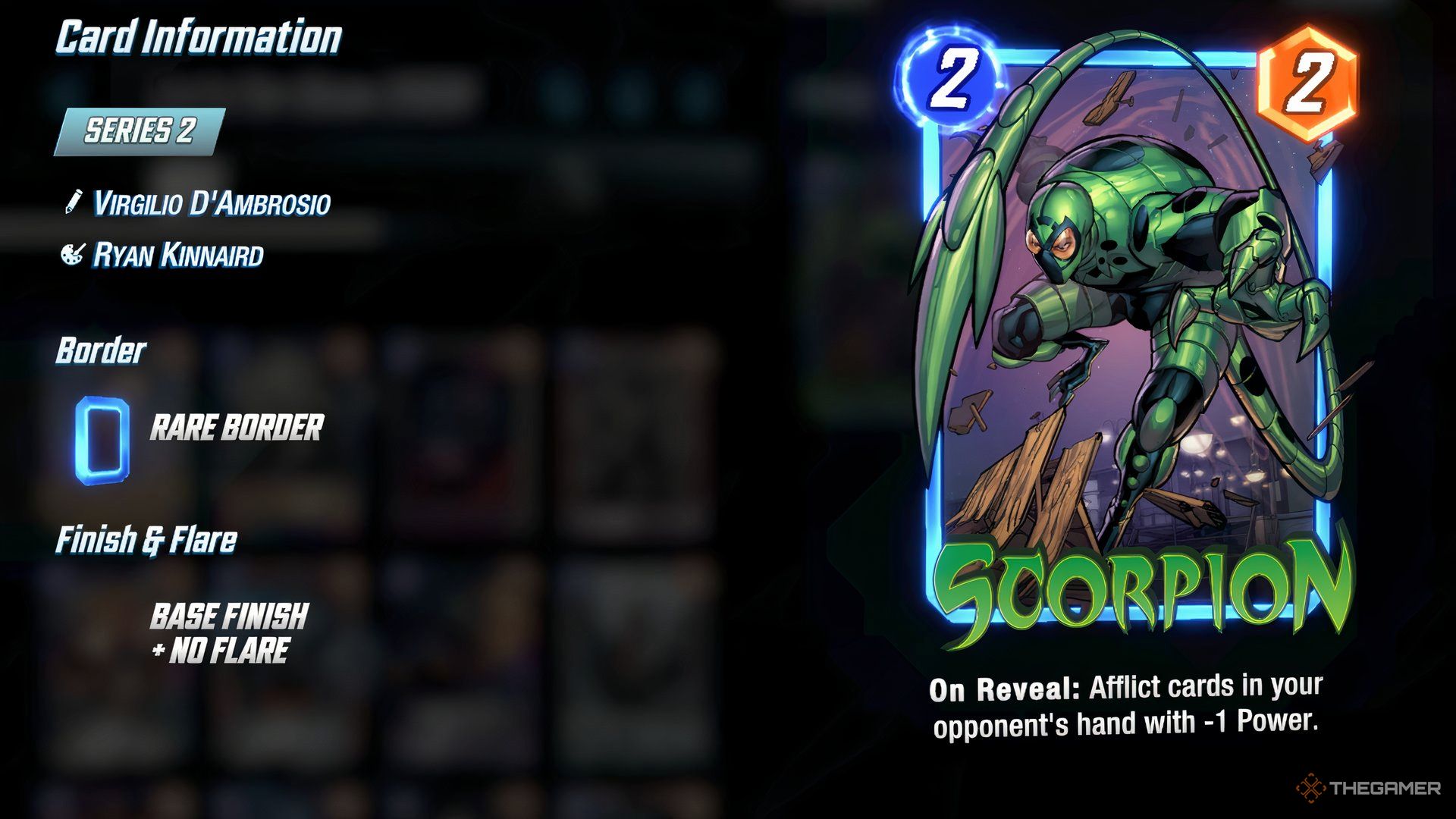 Showcasing Scorpion's front side and card information in the Cards menu in Marvel Snap.