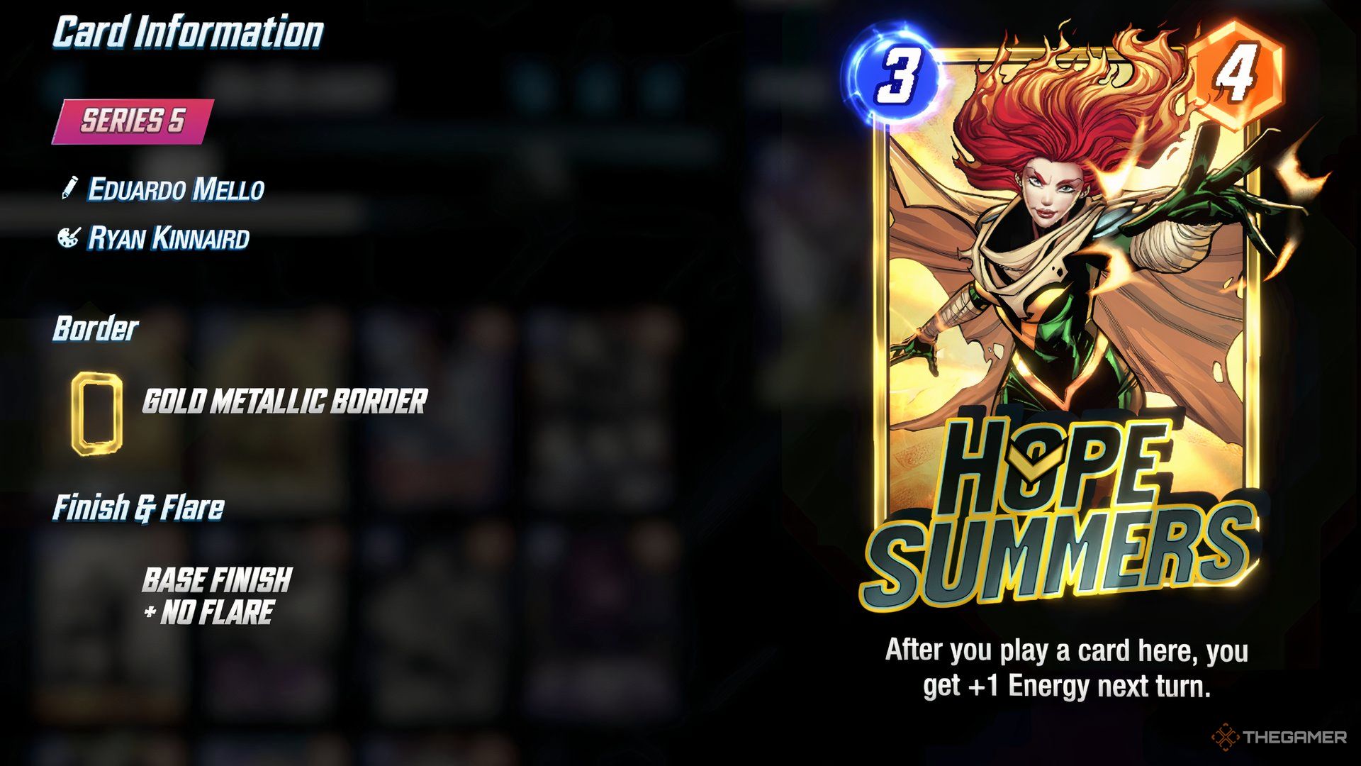 Showcasing Hope Summers' front side and card information in the Cards menu in Marvel Snap.