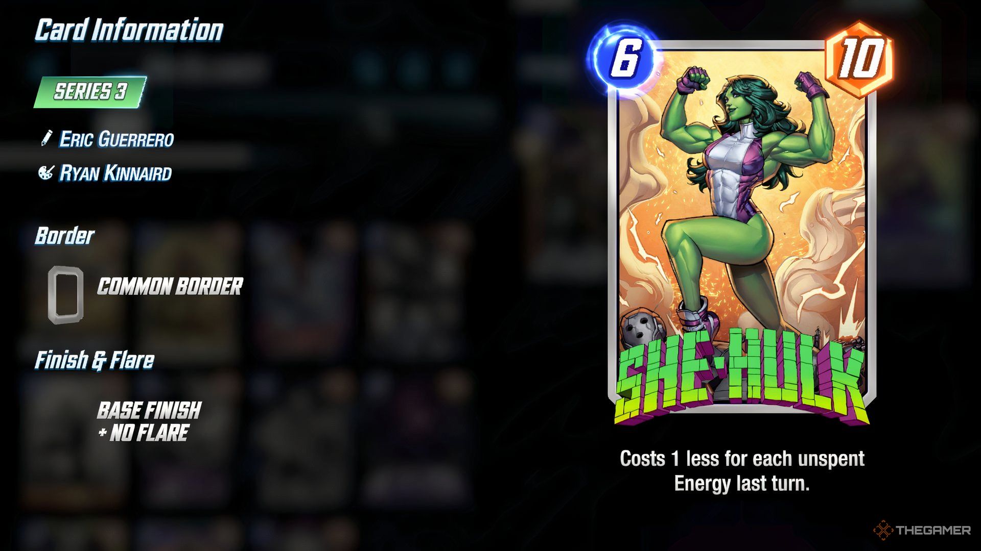 Showcasing She-Hulk's front side and card information in the Cards menu in Marvel Snap.