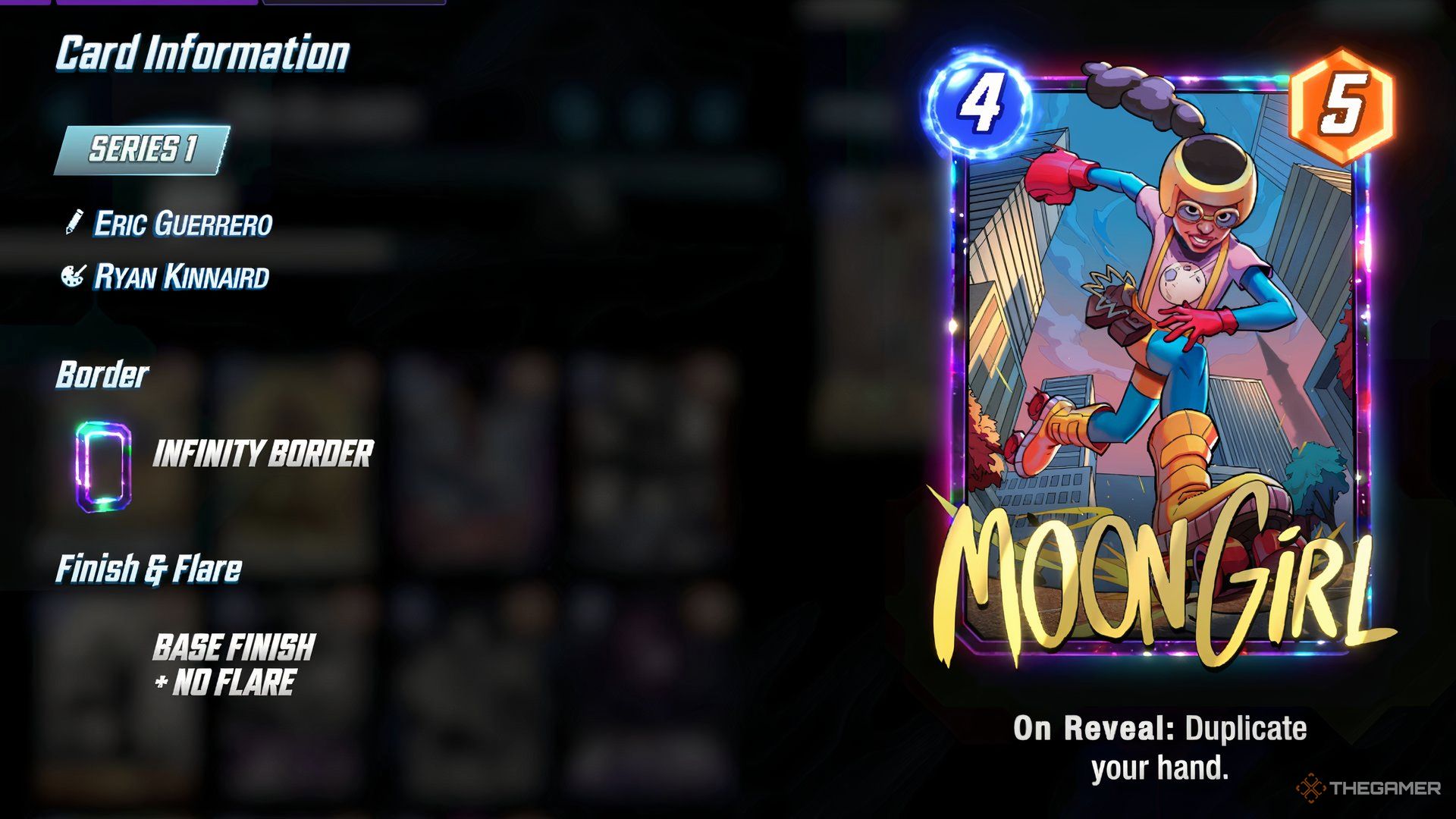 Showcasing Moon Girl's front side and card information in the Cards menu in Marvel Snap.