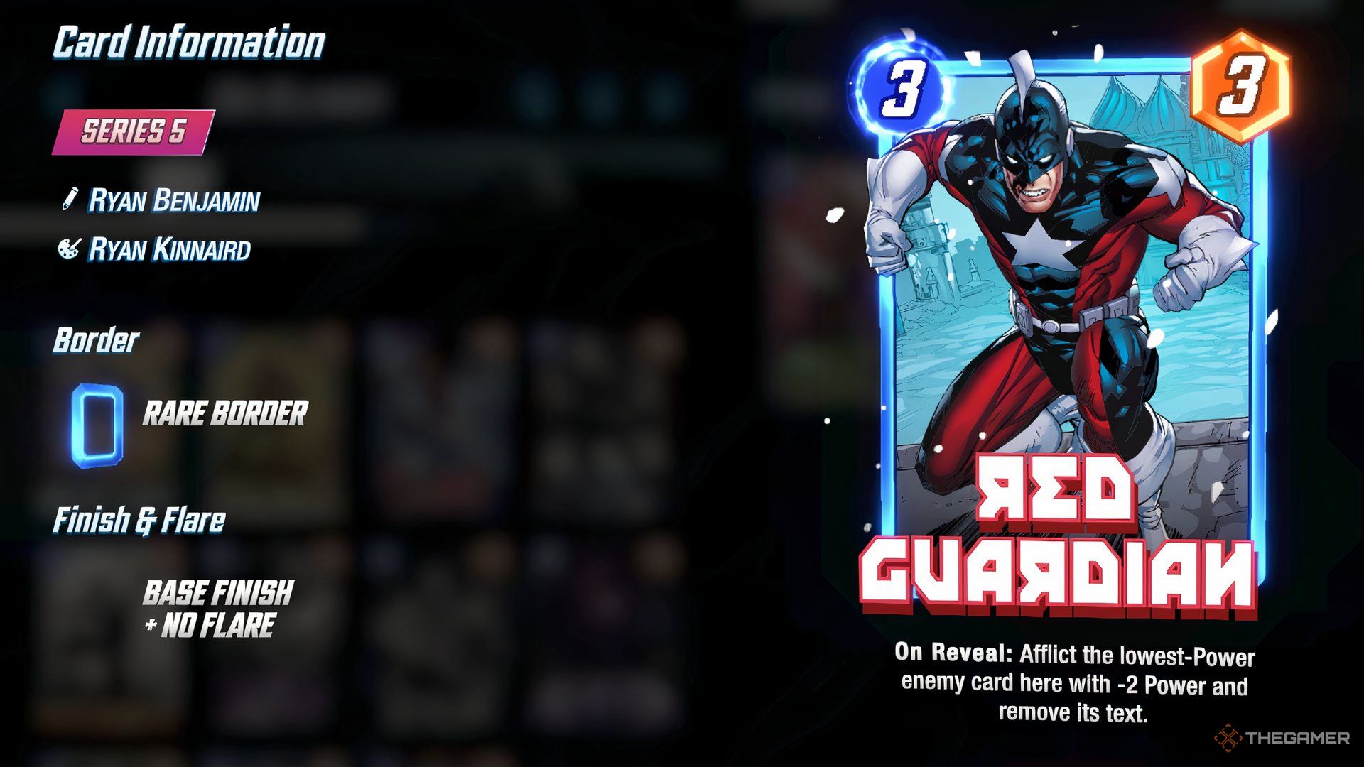 Showcasing Red Guardian's front side and card information in the Cards menu in Marvel Snap.