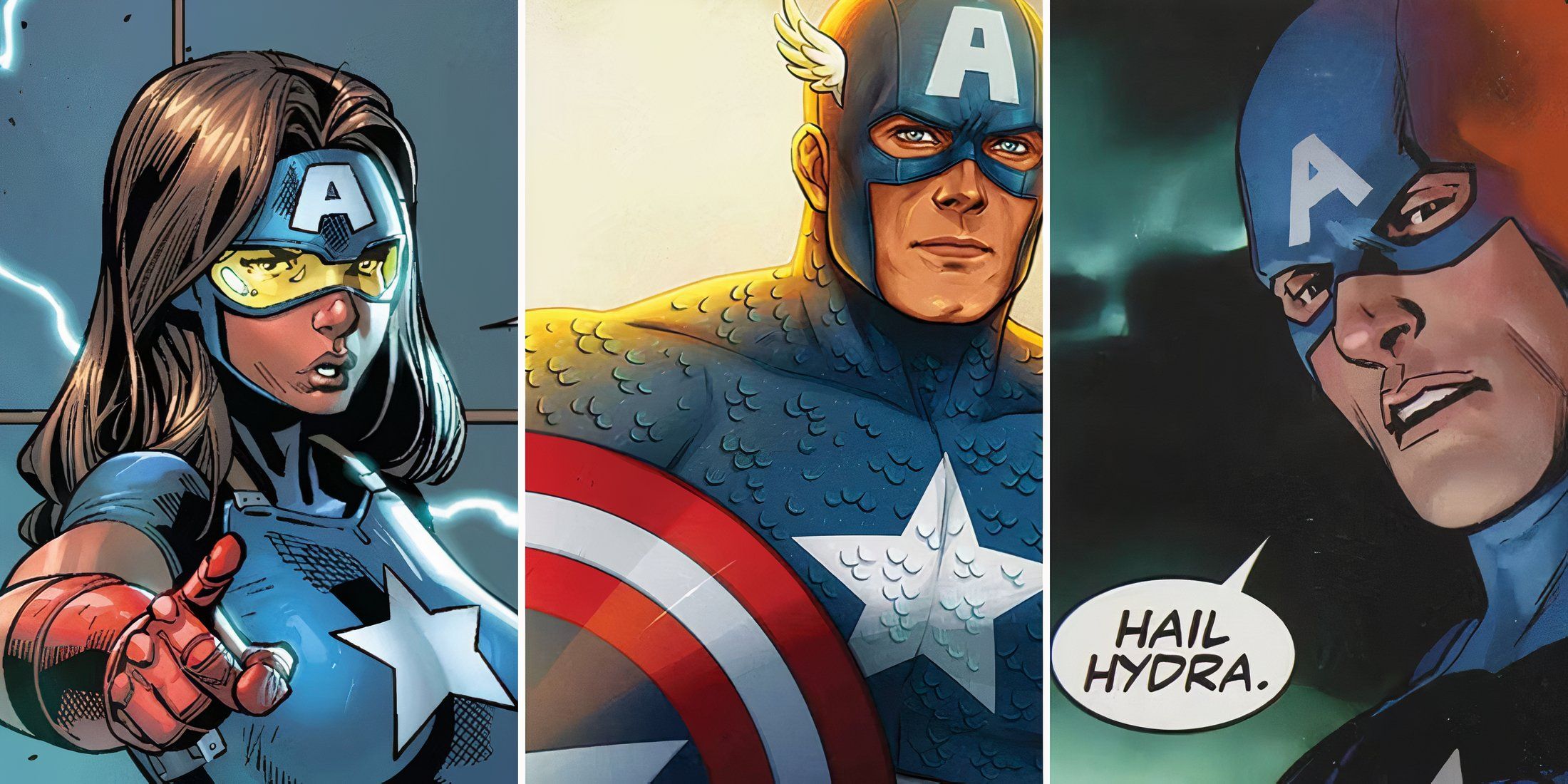 A split image of Danielle Cage, Steve Rogers 616, and Secret Empire Captain America