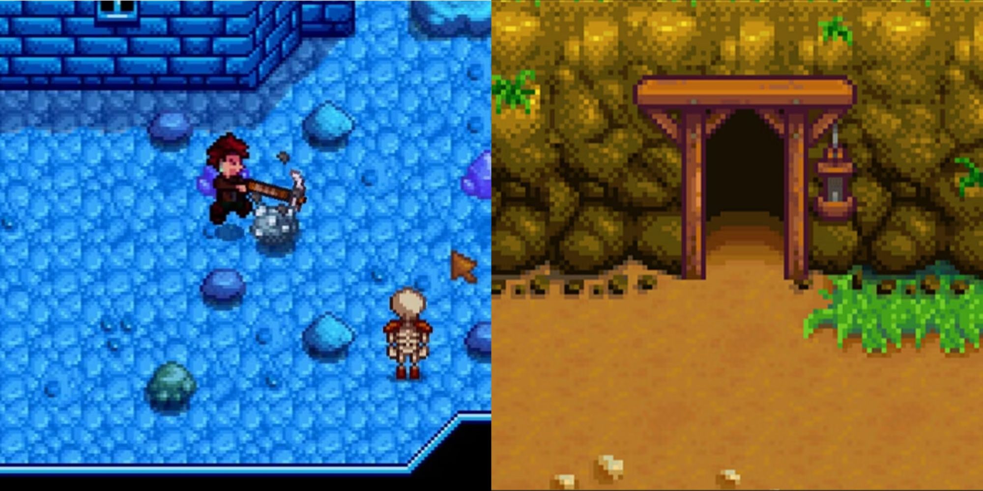 A split image showing the inside of Skull Cavern and the entrance to the Mines