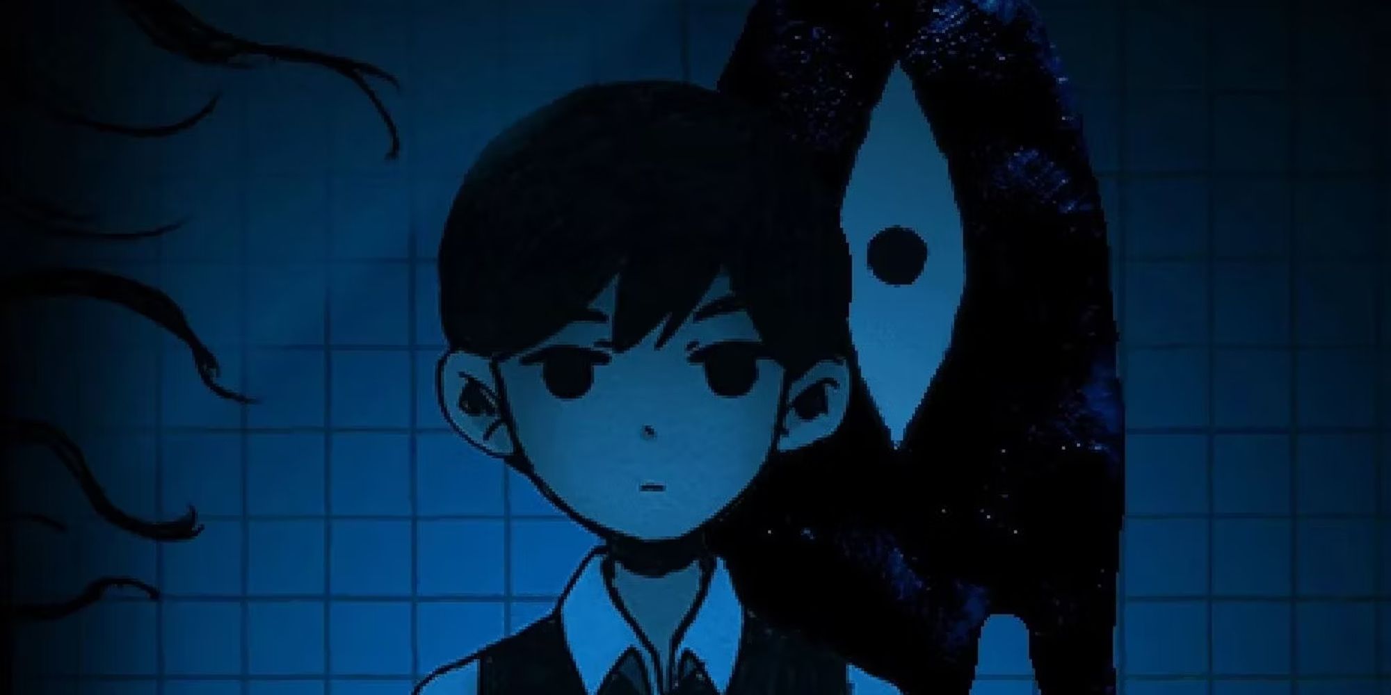 Close-up of Sunny with an entity behind him in Omori.