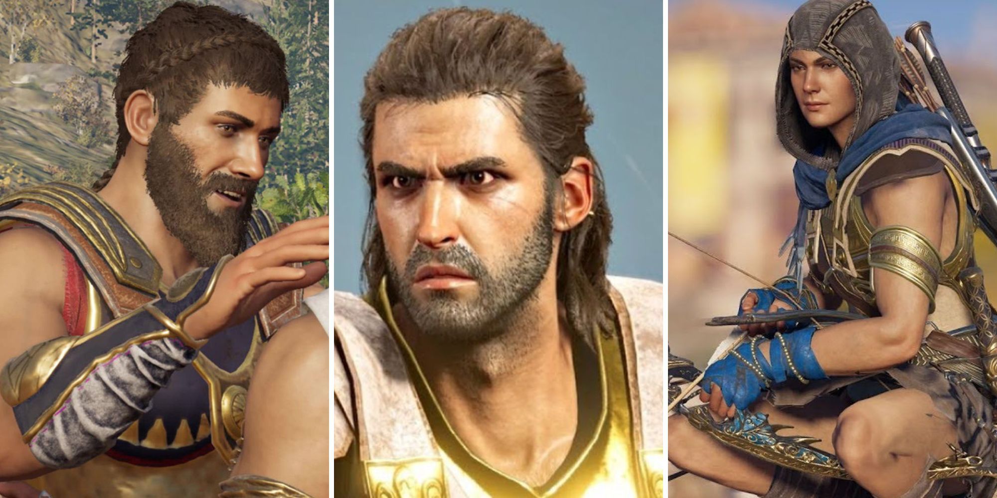 A grid of showing Brasidas, Alexios, and Kassandra in Assassin's Creed Odyssey