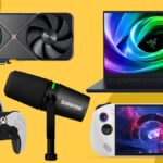 Lenovo Legion Go S, Razer Blade 16, Nvidia RTX 50-Series, Hyperkin Competitor, and Shure microphone on a yellow background