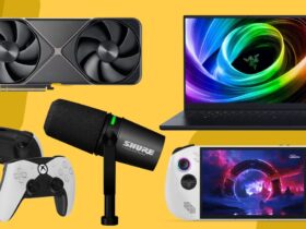 Lenovo Legion Go S, Razer Blade 16, Nvidia RTX 50-Series, Hyperkin Competitor, and Shure microphone on a yellow background