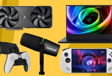 Lenovo Legion Go S, Razer Blade 16, Nvidia RTX 50-Series, Hyperkin Competitor, and Shure microphone on a yellow background