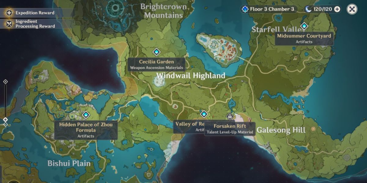 Genshin Impact's map showing various domains.