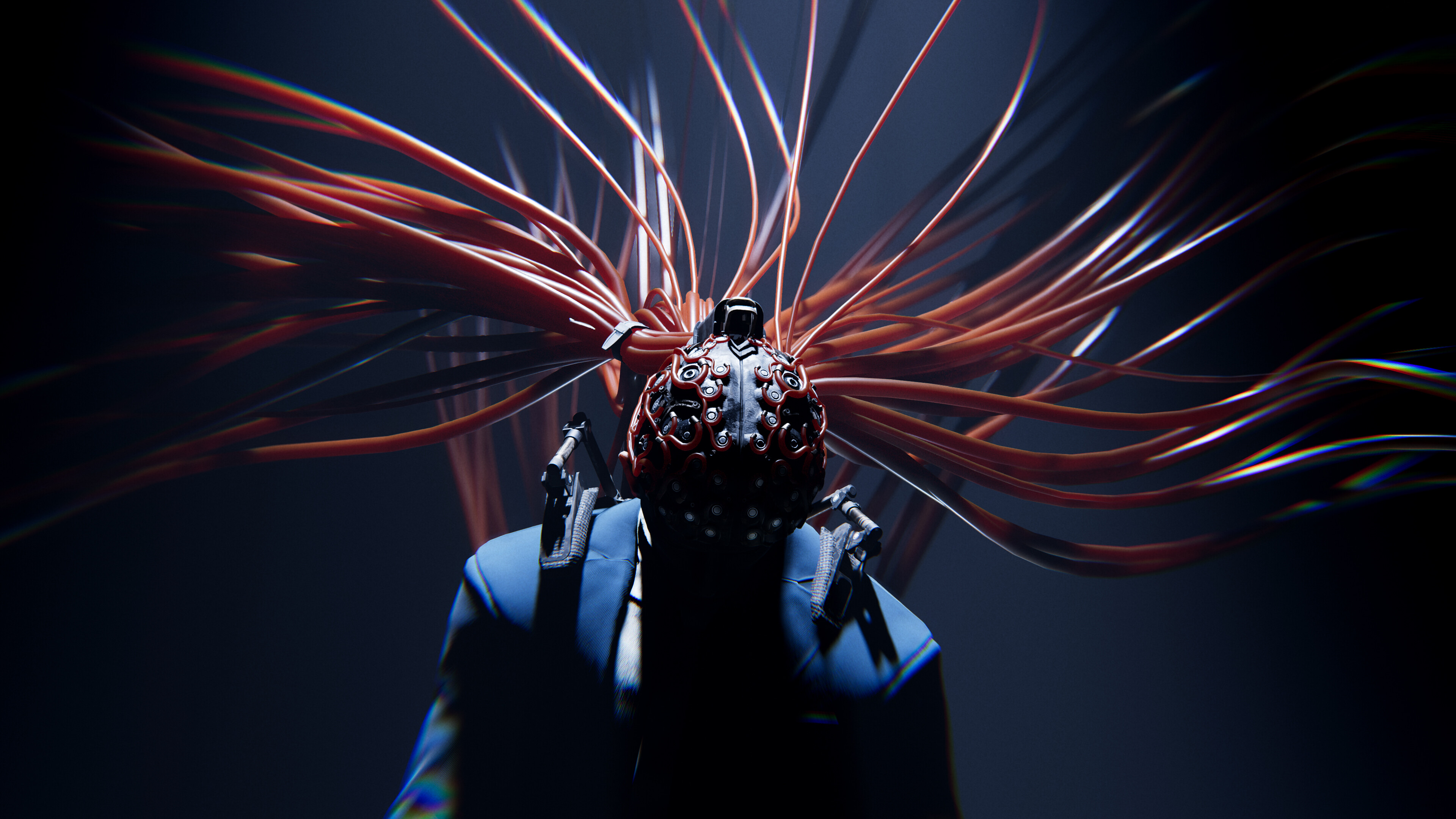 A person is strapped into a machine using a helmet with red tubing in Den of Wolves, the many wires evoking a techno-thriller and cyberpunk atmosphere