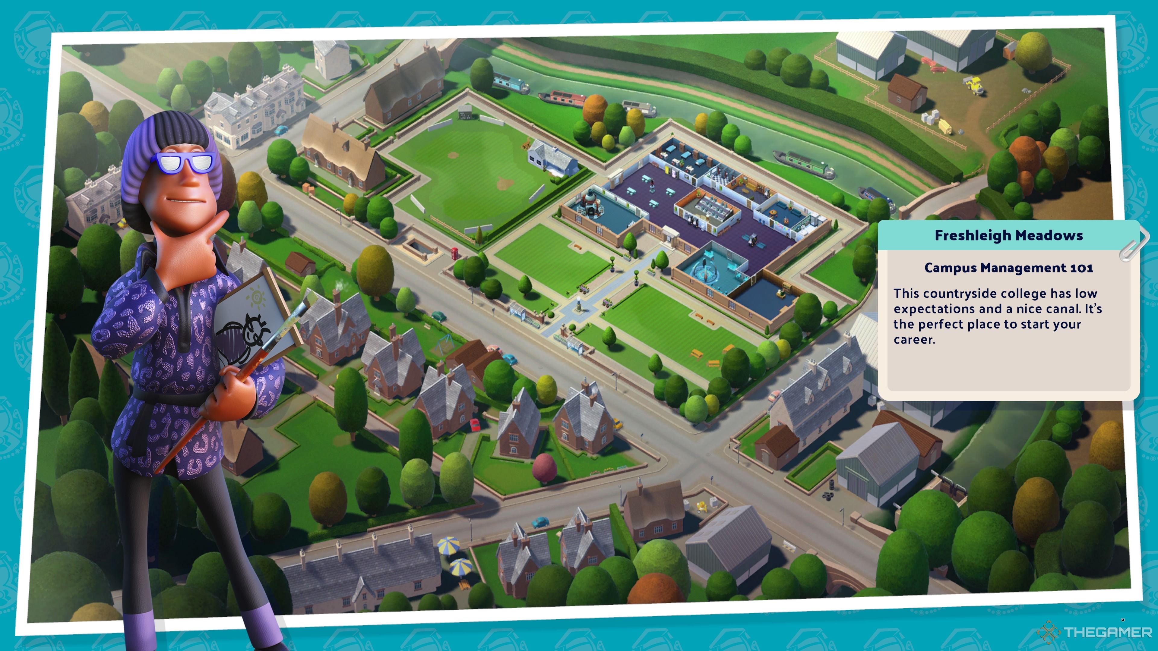 Image showing the Freshleigh Medows loading screen, a teacher stands at the side of the image with a striking pose. The campus is visible in the background with surrounding suburbs evident and grassy fields/parks located throughout.