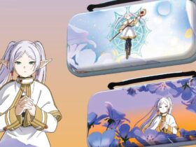 Image of a close-up of the Switch EVA cases featuring art from Frieren: Beyond Journey's End.