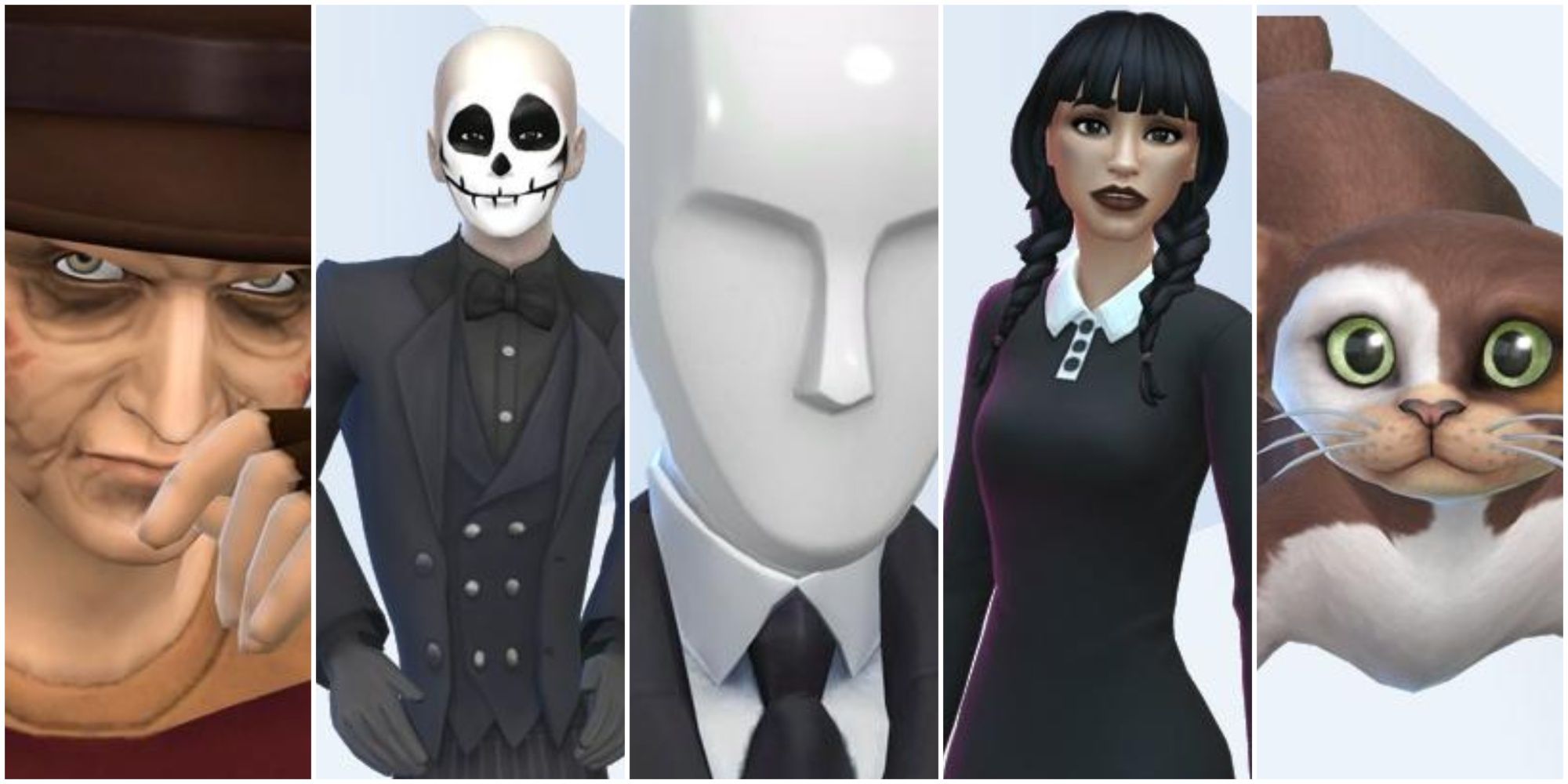 A collage of images of the characters Freddy Kruger, Jack Skellington, Slenderman, Wednesday Addams and Gizmo the gremlin recreated in The Sims 4